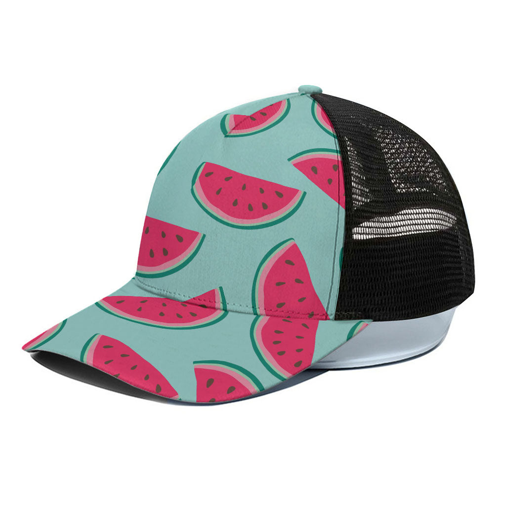 Blue Cute Watermelon Pattern Print Black Mesh Trucker Cap