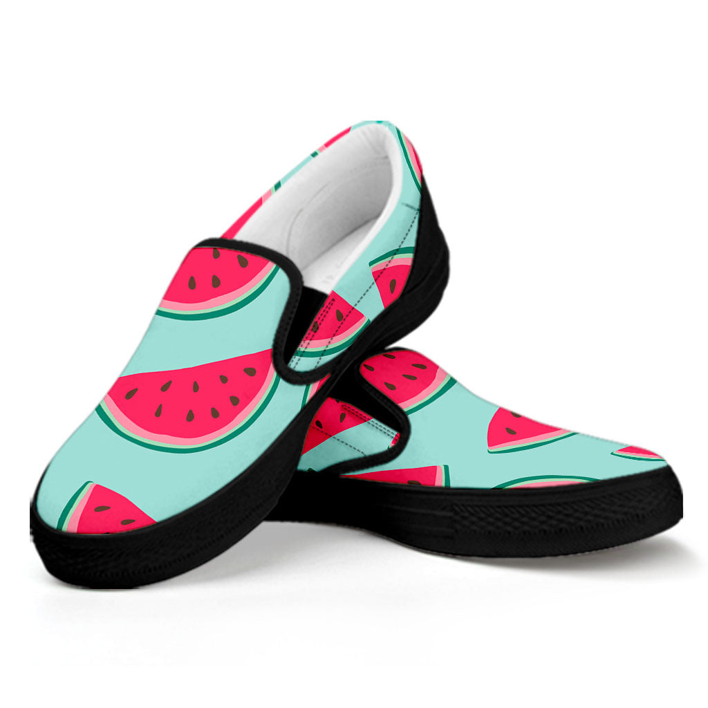 Blue Cute Watermelon Pattern Print Black Slip On Sneakers
