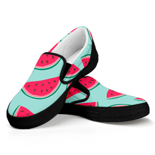 Blue Cute Watermelon Pattern Print Black Slip On Sneakers