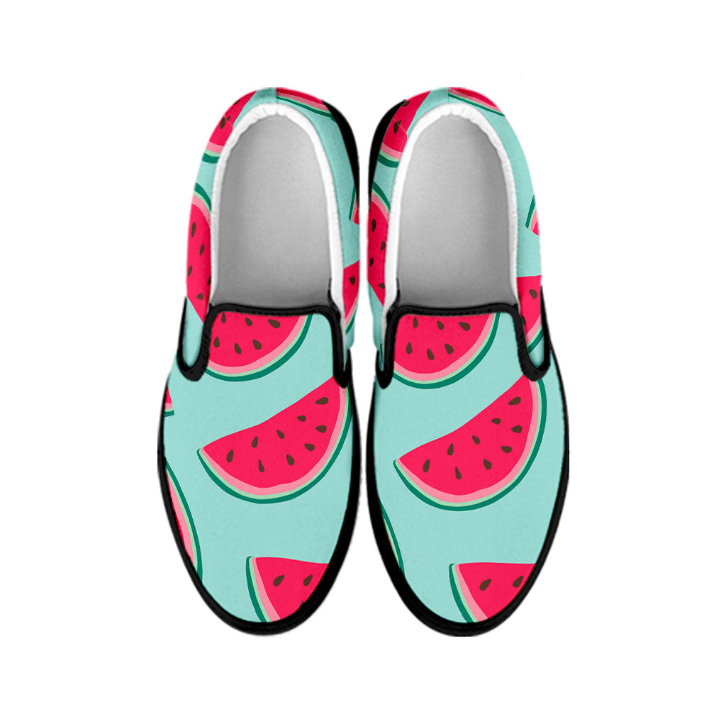 Blue Cute Watermelon Pattern Print Black Slip On Sneakers