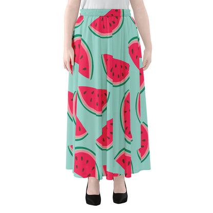 Blue Cute Watermelon Pattern Print Chiffon Maxi Skirt
