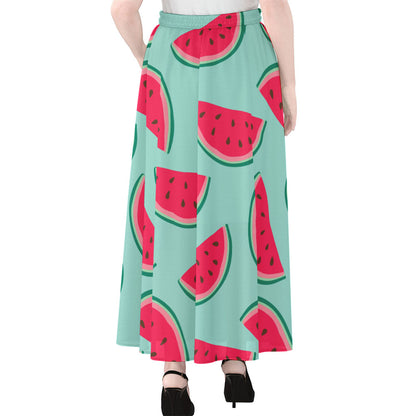 Blue Cute Watermelon Pattern Print Chiffon Maxi Skirt