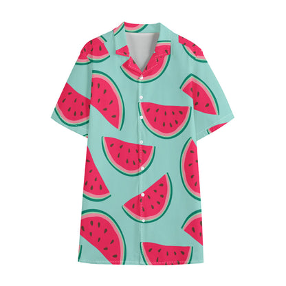 Blue Cute Watermelon Pattern Print Cotton Hawaiian Shirt