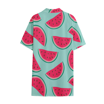 Blue Cute Watermelon Pattern Print Cotton Hawaiian Shirt
