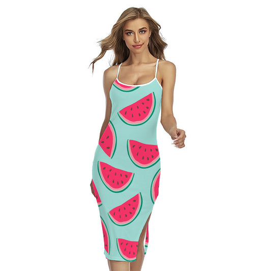 Blue Cute Watermelon Pattern Print Cross Back Cami Dress