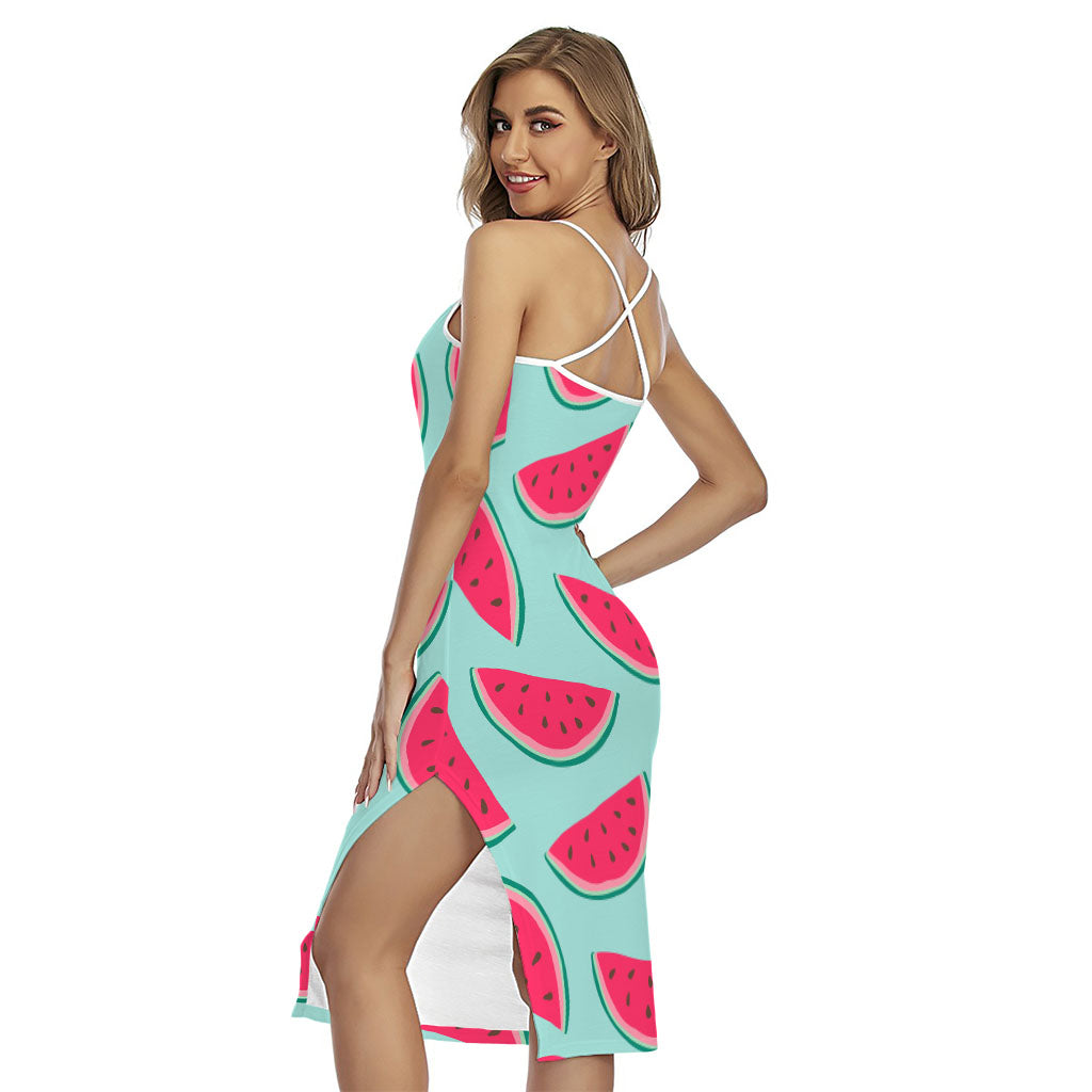 Blue Cute Watermelon Pattern Print Cross Back Cami Dress