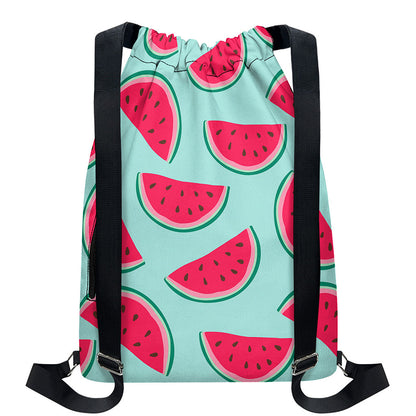 Blue Cute Watermelon Pattern Print Drawstring Backpack