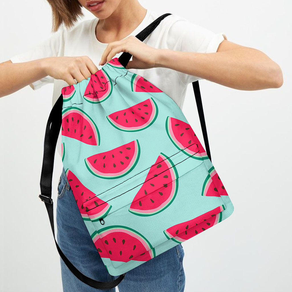 Blue Cute Watermelon Pattern Print Drawstring Backpack