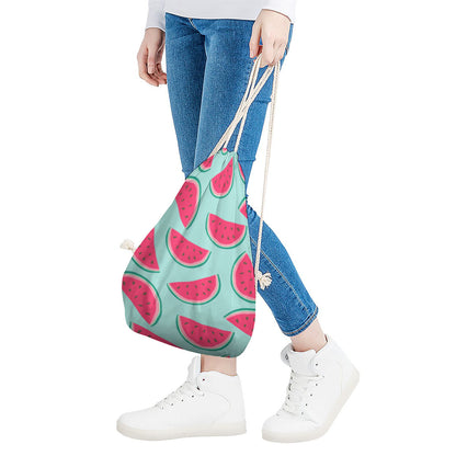 Blue Cute Watermelon Pattern Print Drawstring Bag