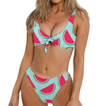 Blue Cute Watermelon Pattern Print Front Bow Tie Bikini