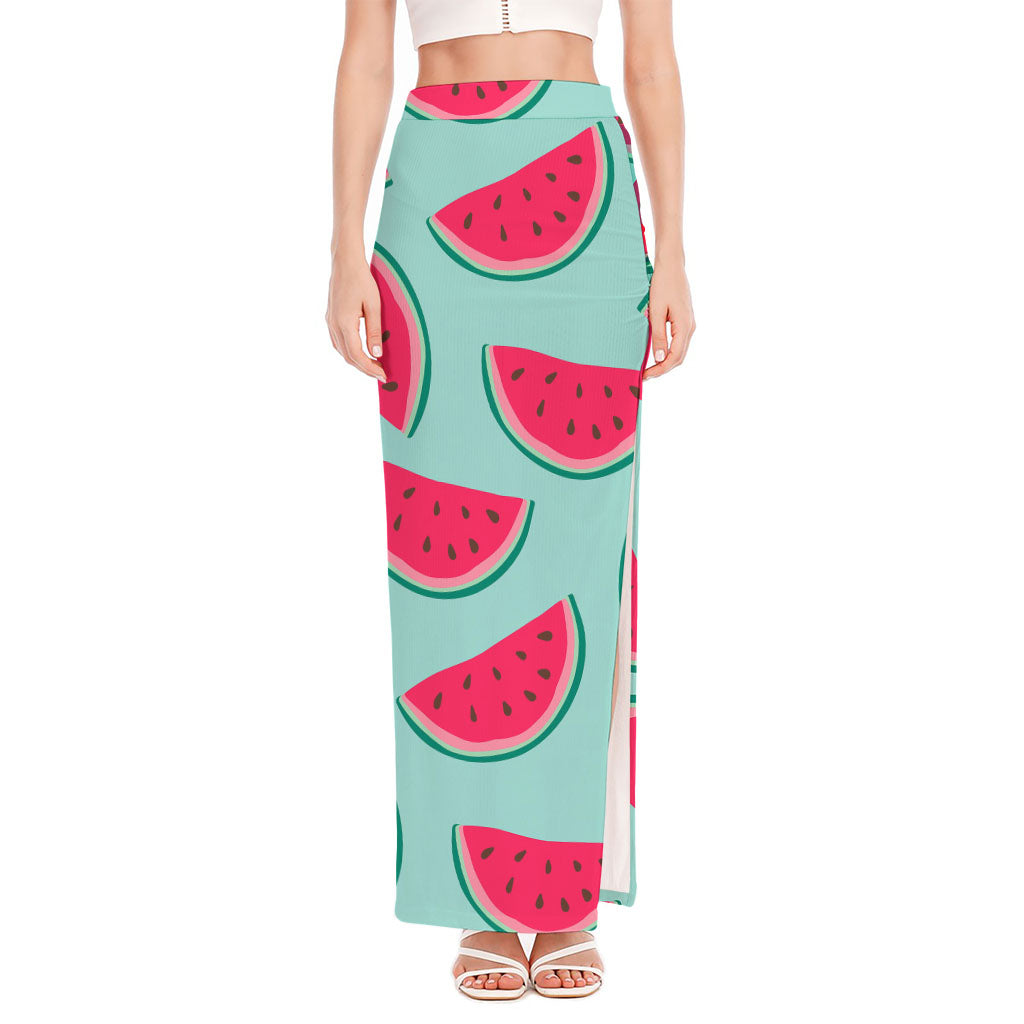 Blue Cute Watermelon Pattern Print High Slit Maxi Skirt
