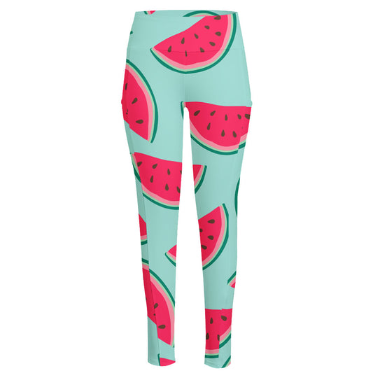 Blue Cute Watermelon Pattern Print High-Waisted Pocket Leggings