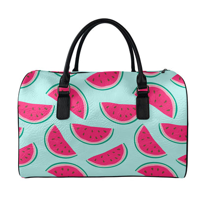 Blue Cute Watermelon Pattern Print Leather Duffle Bag