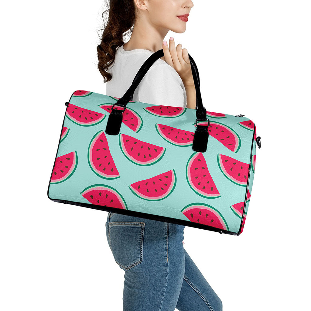 Blue Cute Watermelon Pattern Print Leather Duffle Bag