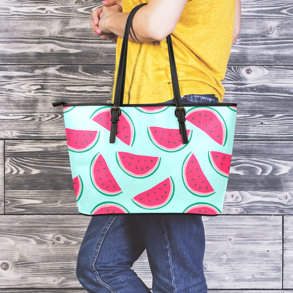 Blue Cute Watermelon Pattern Print Leather Tote Bag