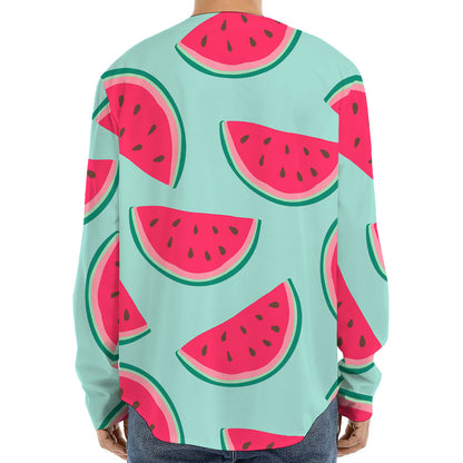 Blue Cute Watermelon Pattern Print Long Sleeve Baseball Jersey