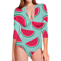 Blue Cute Watermelon Pattern Print Long Sleeve Swimsuit