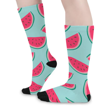 Blue Cute Watermelon Pattern Print Long Socks