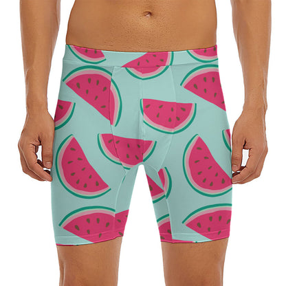 Blue Cute Watermelon Pattern Print Men's Long Boxer Briefs