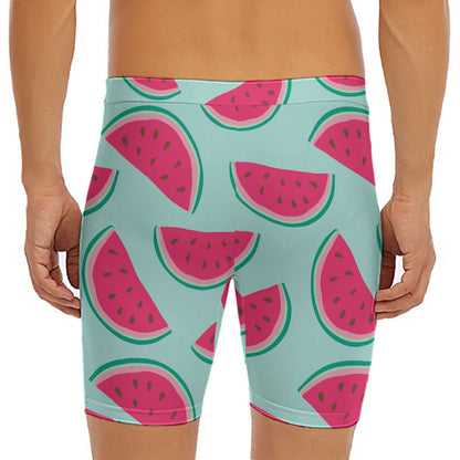 Blue Cute Watermelon Pattern Print Men's Long Boxer Briefs
