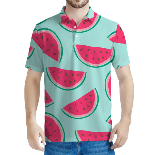 Blue Cute Watermelon Pattern Print Men's Polo Shirt