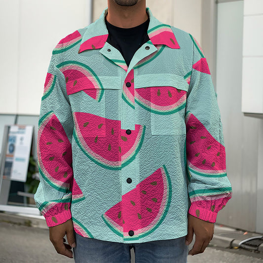Blue Cute Watermelon Pattern Print Men's Shirt Jacket