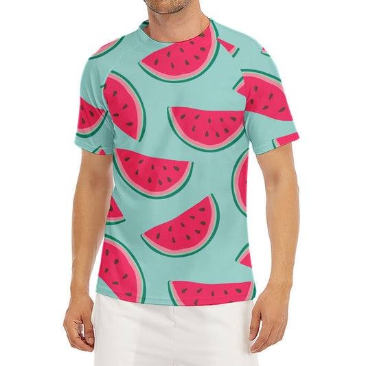 Blue Cute Watermelon Pattern Print Men's Short Sleeve Rash Guard