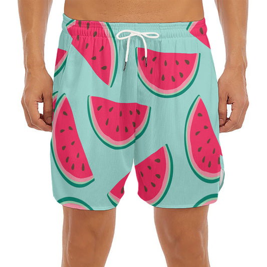 Blue Cute Watermelon Pattern Print Men's Split Running Shorts