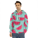 Blue Cute Watermelon Pattern Print Men's Velvet Pullover Hoodie