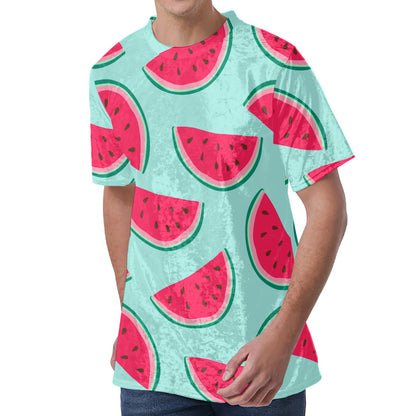 Blue Cute Watermelon Pattern Print Men's Velvet T-Shirt