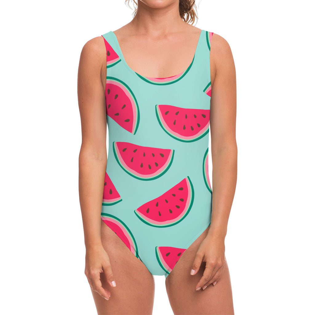 Blue Cute Watermelon Pattern Print One Piece Swimsuit
