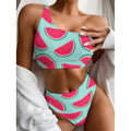 Blue Cute Watermelon Pattern Print One Shoulder Bikini Set
