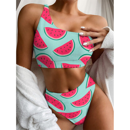 Blue Cute Watermelon Pattern Print One Shoulder Bikini Top