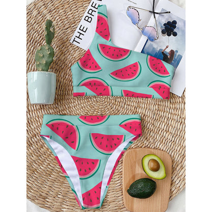 Blue Cute Watermelon Pattern Print One Shoulder Bikini Top