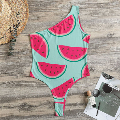 Blue Cute Watermelon Pattern Print One Shoulder Bodysuit