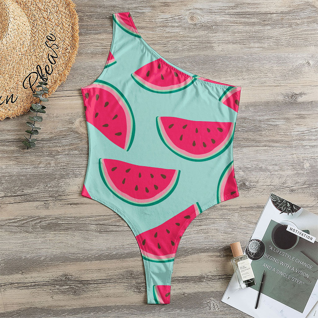 Blue Cute Watermelon Pattern Print One Shoulder Bodysuit