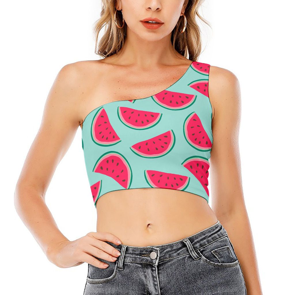 Blue Cute Watermelon Pattern Print One Shoulder Crop Top