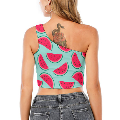 Blue Cute Watermelon Pattern Print One Shoulder Crop Top