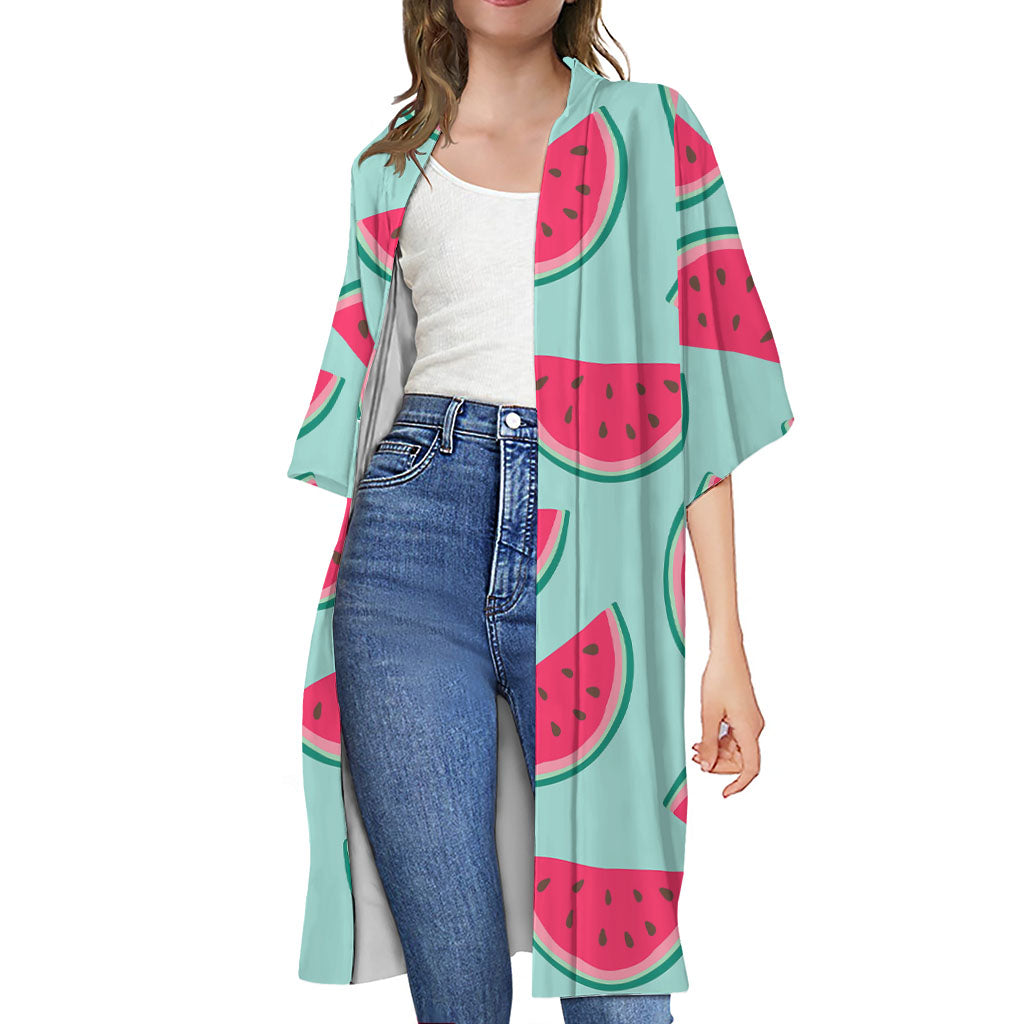 Blue Cute Watermelon Pattern Print Open Front Beach Cover Up