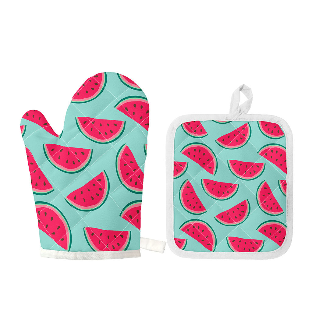 Blue Cute Watermelon Pattern Print Oven Mitt And Pot Holder Set
