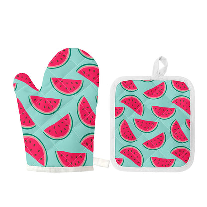 Blue Cute Watermelon Pattern Print Oven Mitt And Pot Holder Set