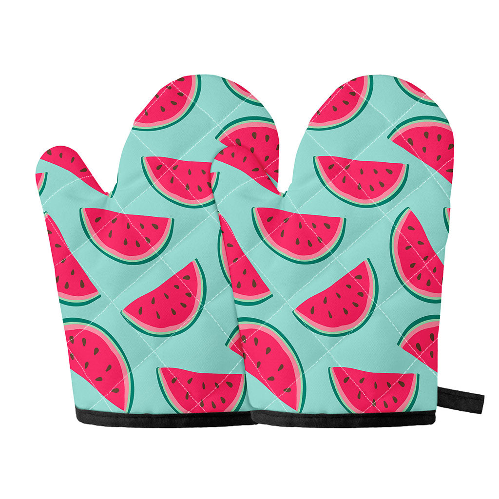 Blue Cute Watermelon Pattern Print Oven Mitts