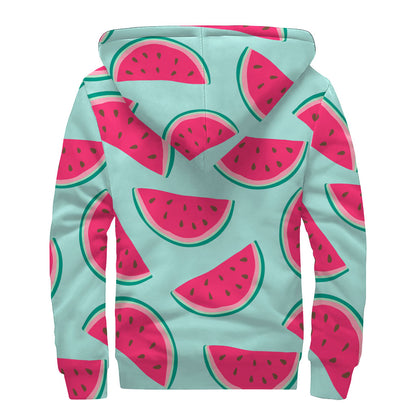 Blue Cute Watermelon Pattern Print Sherpa Lined Zip Up Hoodie