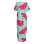Blue Cute Watermelon Pattern Print Short Sleeve Long Nightdress