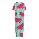 Blue Cute Watermelon Pattern Print Short Sleeve Long Nightdress