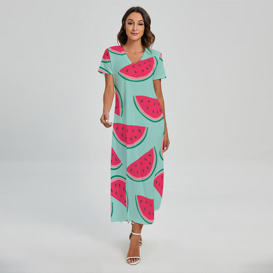 Blue Cute Watermelon Pattern Print Short Sleeve Maxi Dress