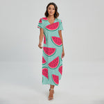 Blue Cute Watermelon Pattern Print Short Sleeve Maxi Dress