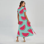 Blue Cute Watermelon Pattern Print Short Sleeve Maxi Dress