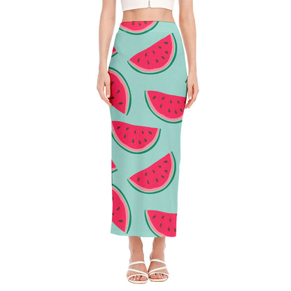 Blue Cute Watermelon Pattern Print Side Slit Maxi Skirt