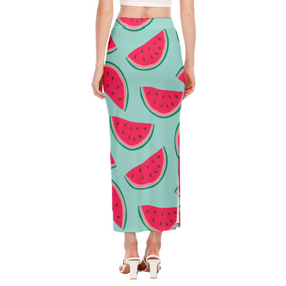 Blue Cute Watermelon Pattern Print Side Slit Maxi Skirt